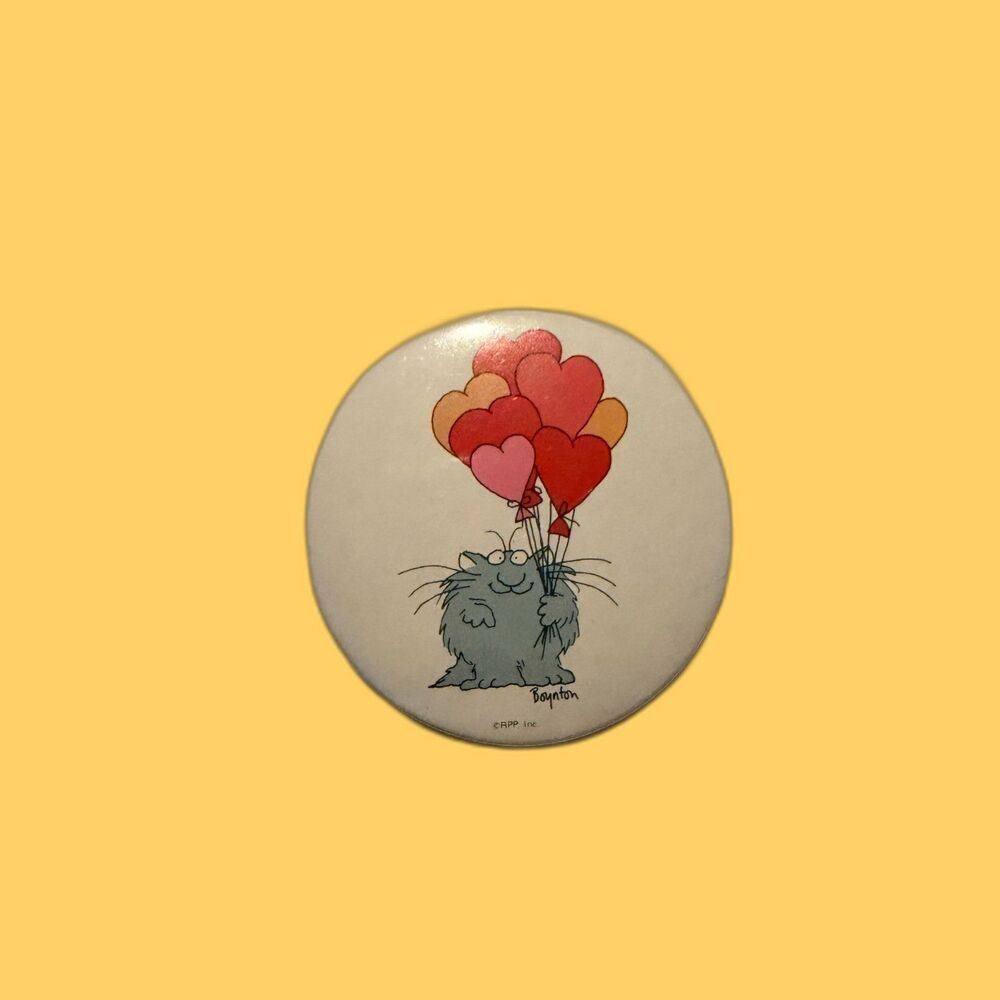 Vintage Sandra Boynton Cat Heart Balloons Pinback Button 2.25" 80s Valentine